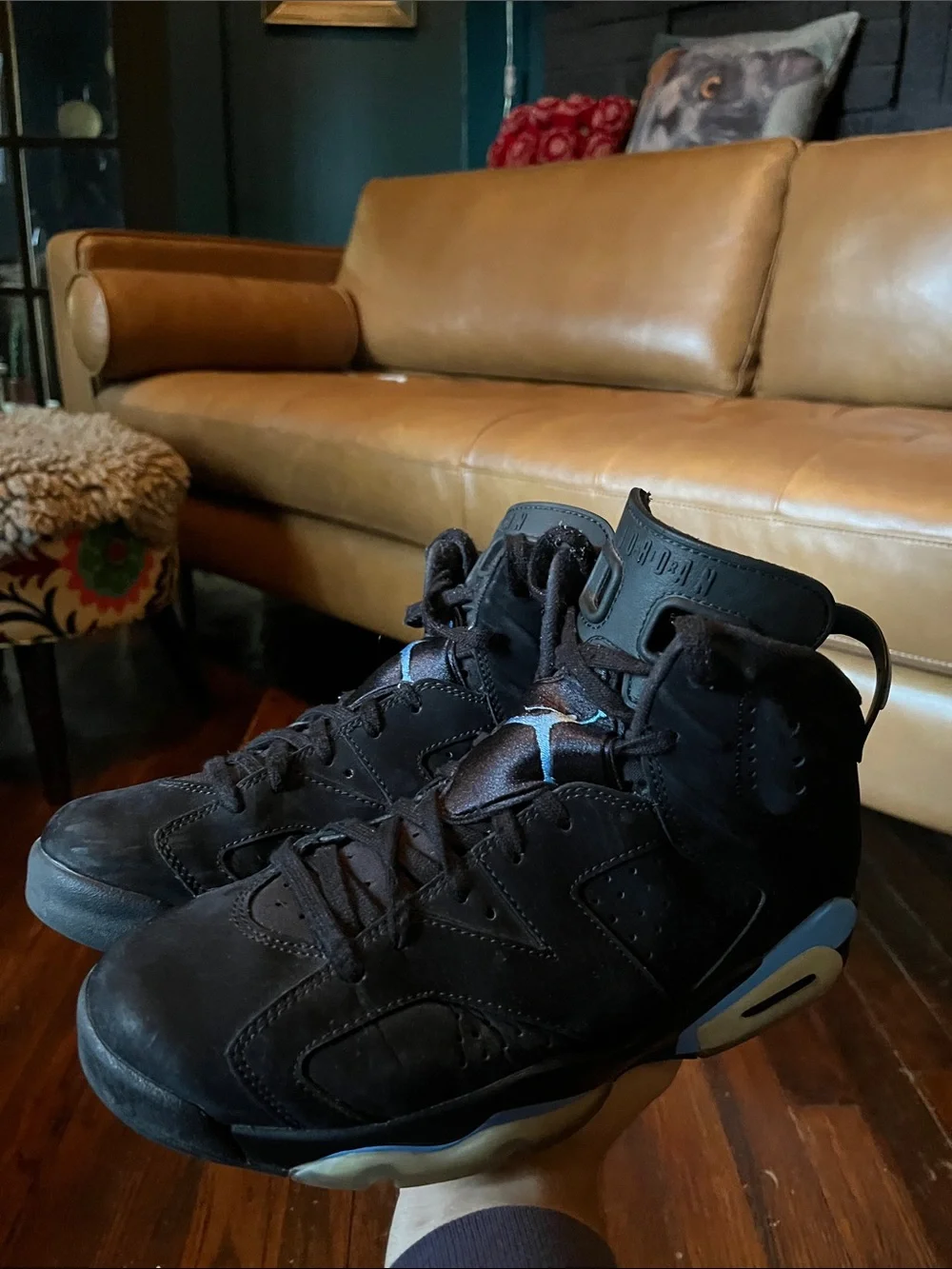 Jordan Men's Black Suede High-Top Sneakers with Light Blue Jumpman